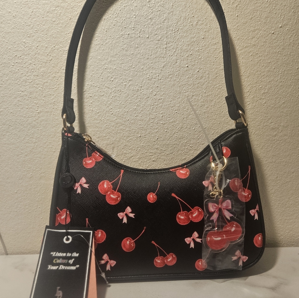 NWT Cherry Print Black Satchel Bag with Bow Details & Charm